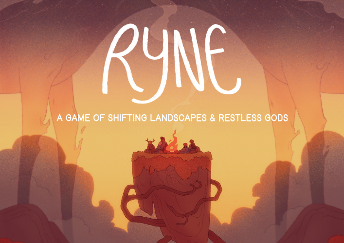 Cover art for game Ryne, "a game of shifting landscapes and restless gods"